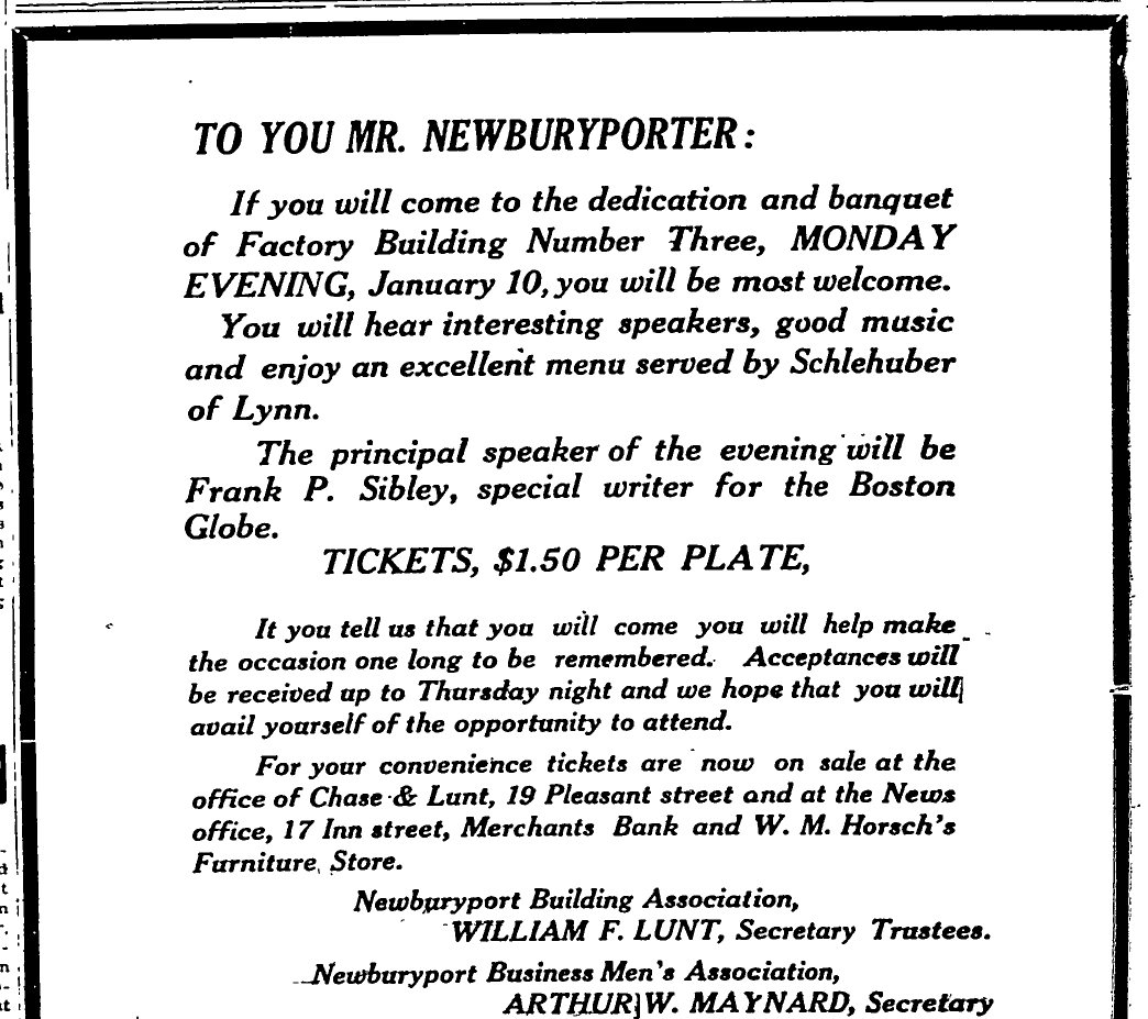 To You Mr. Newburyporter — printed invitation to the dedication banquet