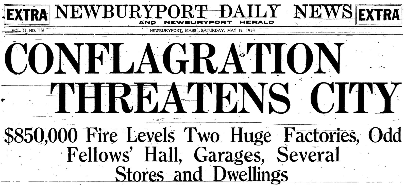 Newburyport Daily News EXTRA front page: Conflagration Threatens City