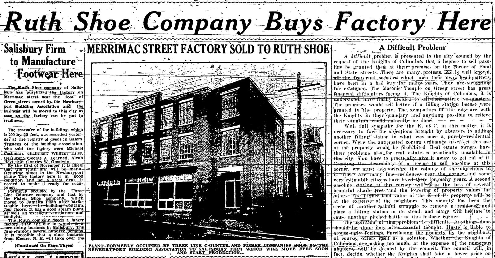 Front page: Merrimac Street Factory Sold to Ruth Shoe, with photo of the building